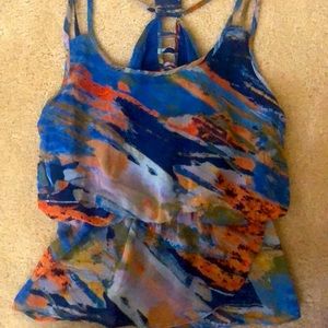 Blue and orange polyester strappy blouse.